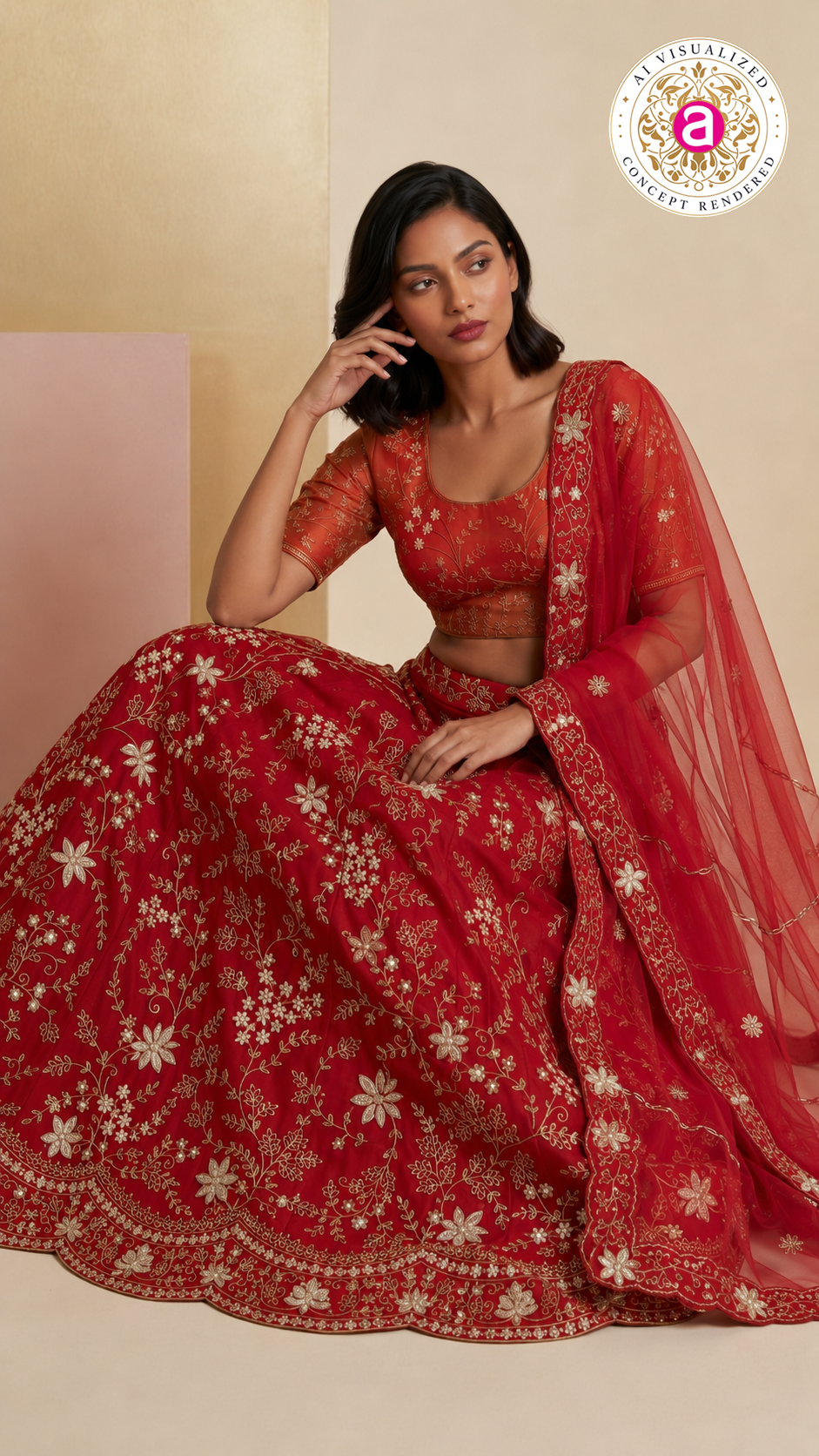 Ruby Red Designer Lehenga Set with Floral Zari Embroidery & Organza Dupatta