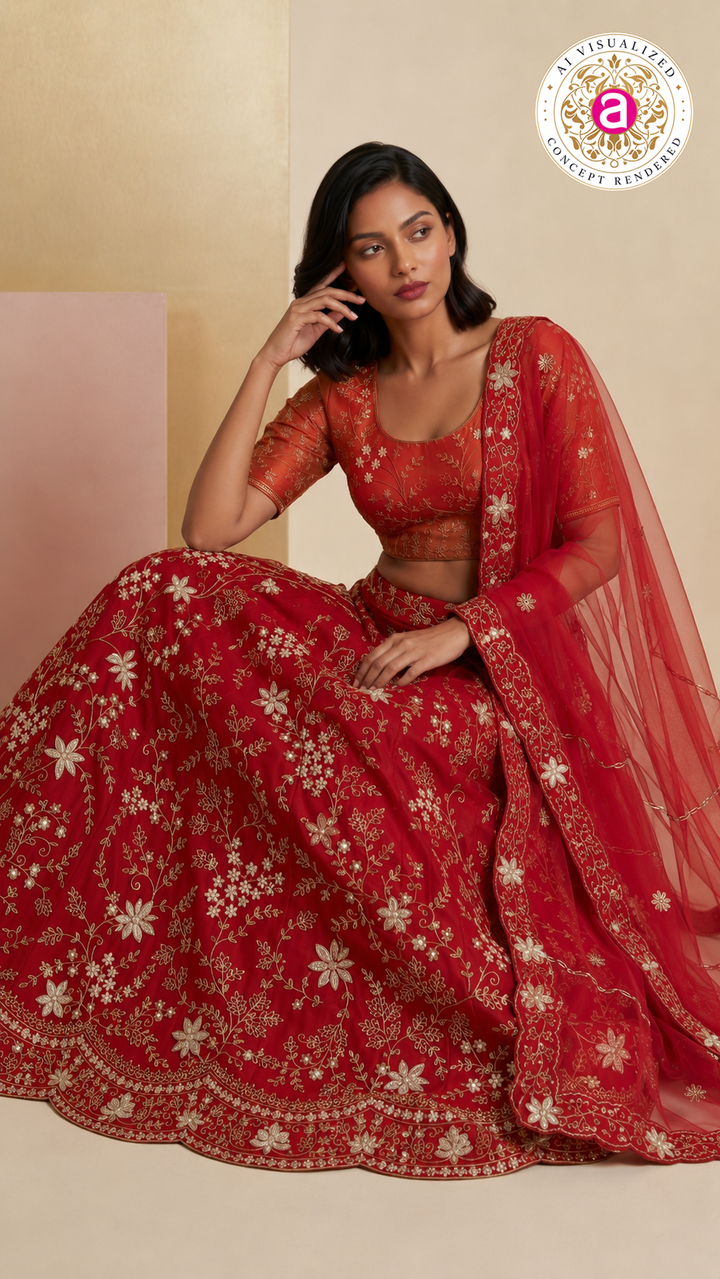 Ruby Red Designer Lehenga Set with Floral Zari Embroidery & Organza Dupatta