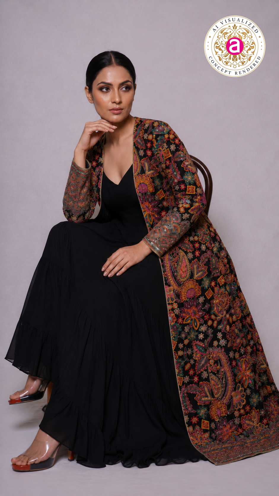 Black Embroidered Jacket Style Gown Set