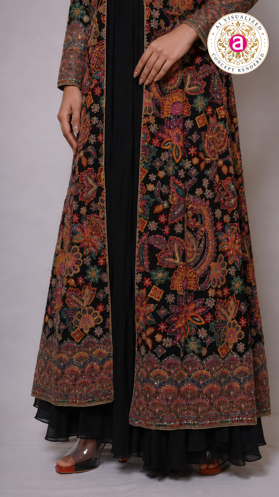 Black Embroidered Jacket Style Gown Set