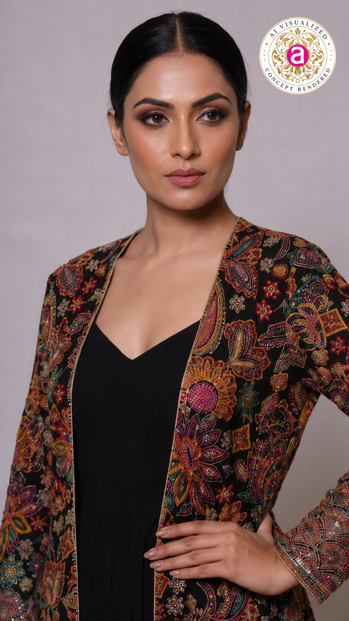 Black Embroidered Jacket Style Gown Set