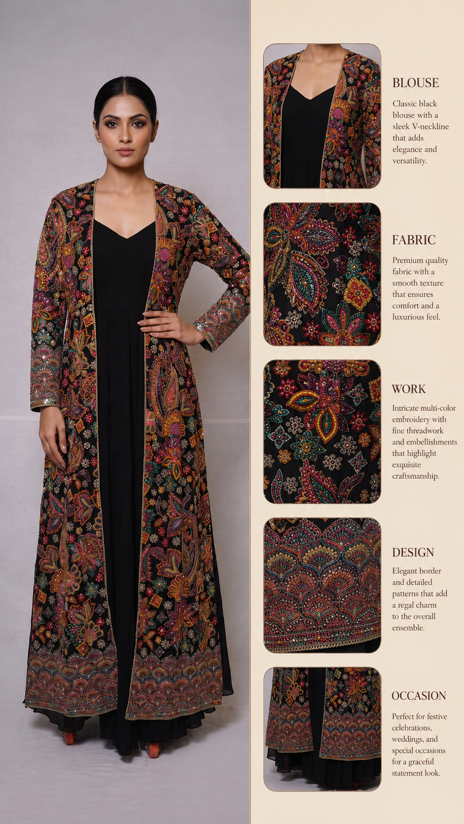 Black Embroidered Jacket Style Gown Set