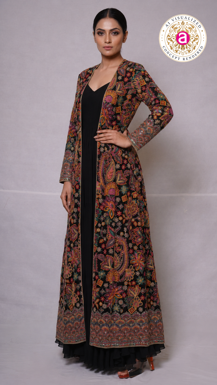 Black Embroidered Jacket Style Gown Set