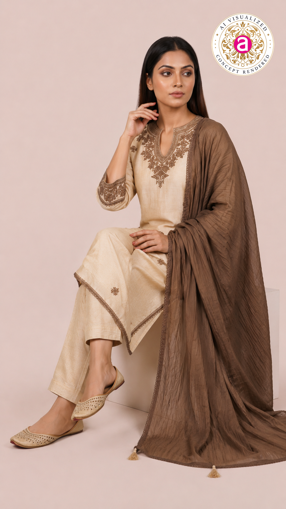 Ivory Embroidered Straight Kurta Set with Brown Dupatta