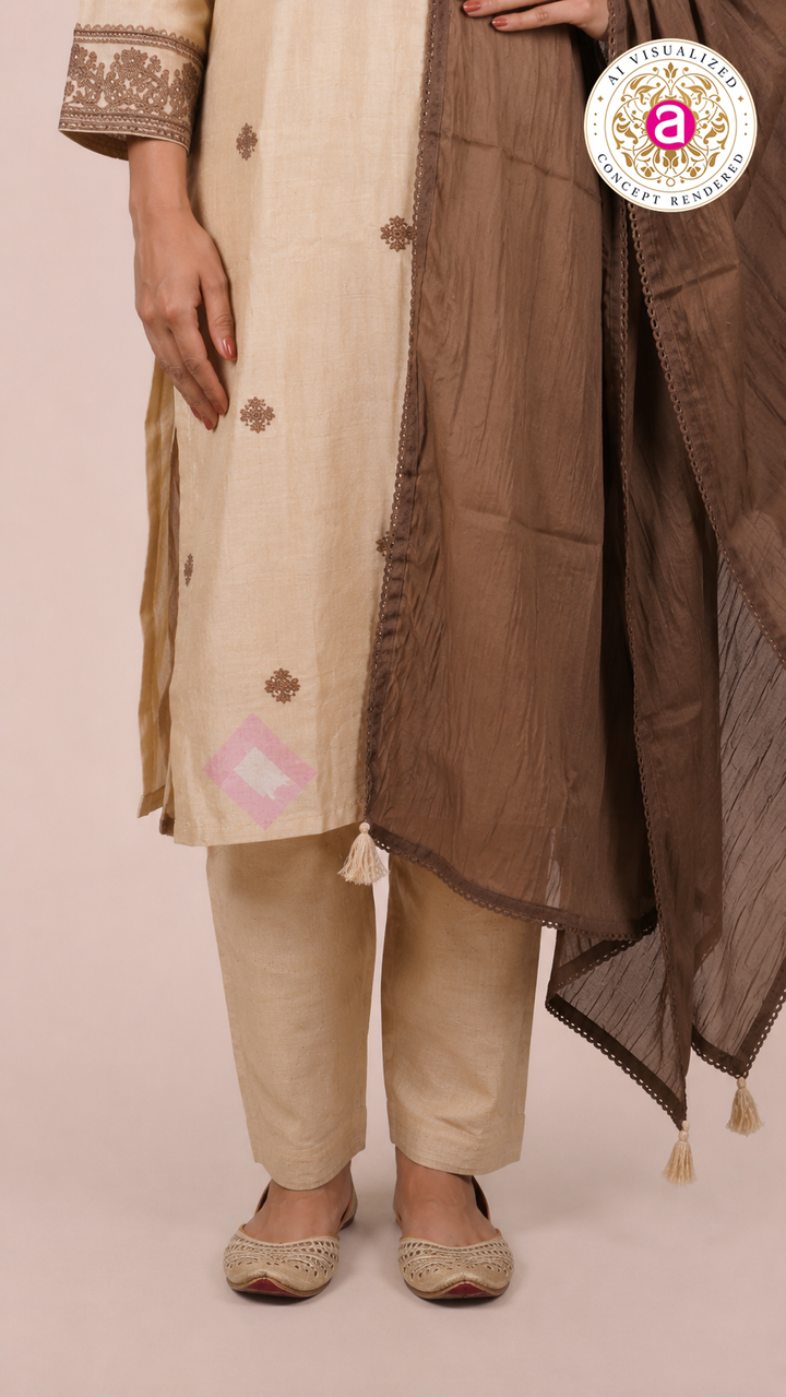 Ivory Embroidered Straight Kurta Set with Brown Dupatta