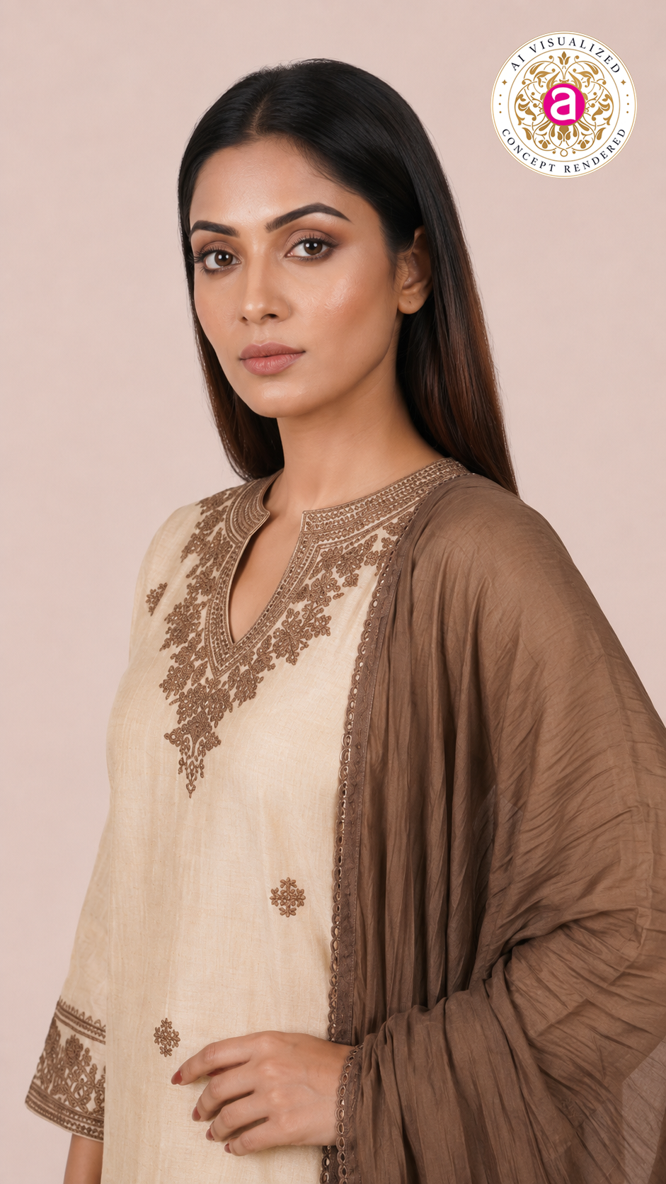 Ivory Embroidered Straight Kurta Set with Brown Dupatta