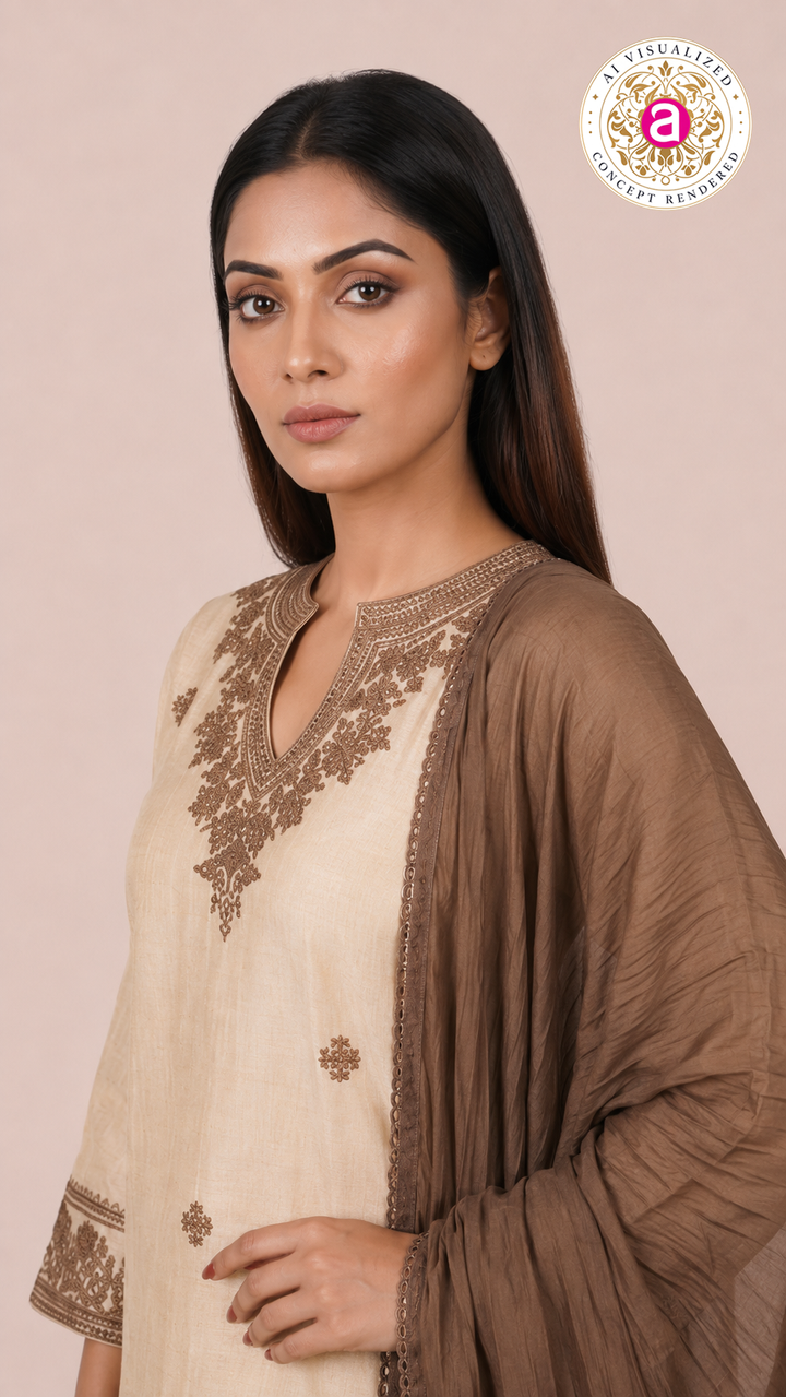 Ivory Embroidered Straight Kurta Set with Brown Dupatta