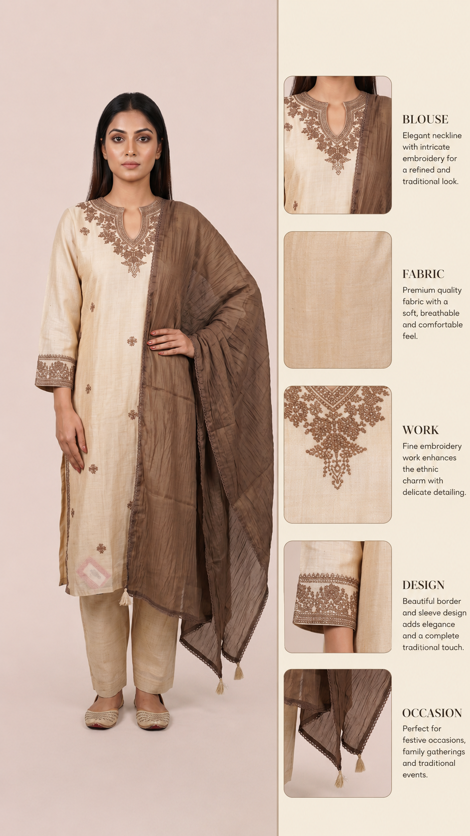 Ivory Embroidered Straight Kurta Set with Brown Dupatta