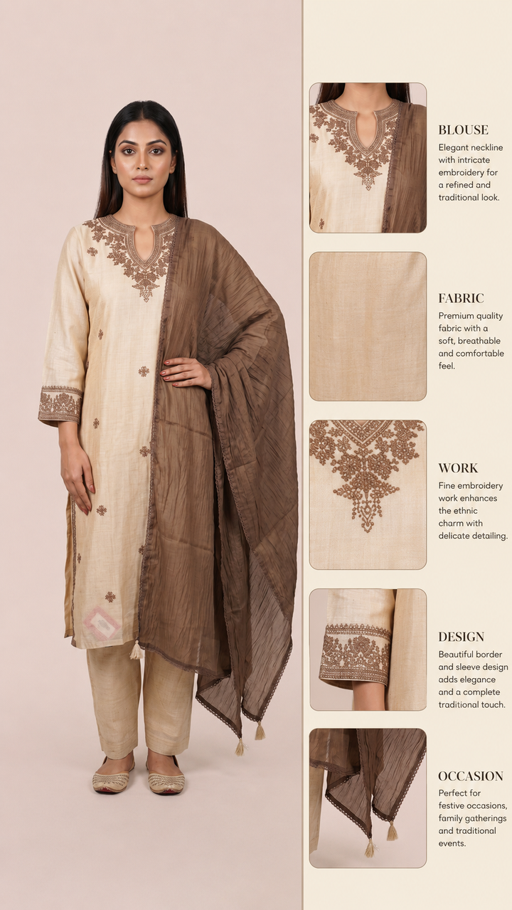 Ivory Embroidered Straight Kurta Set with Brown Dupatta