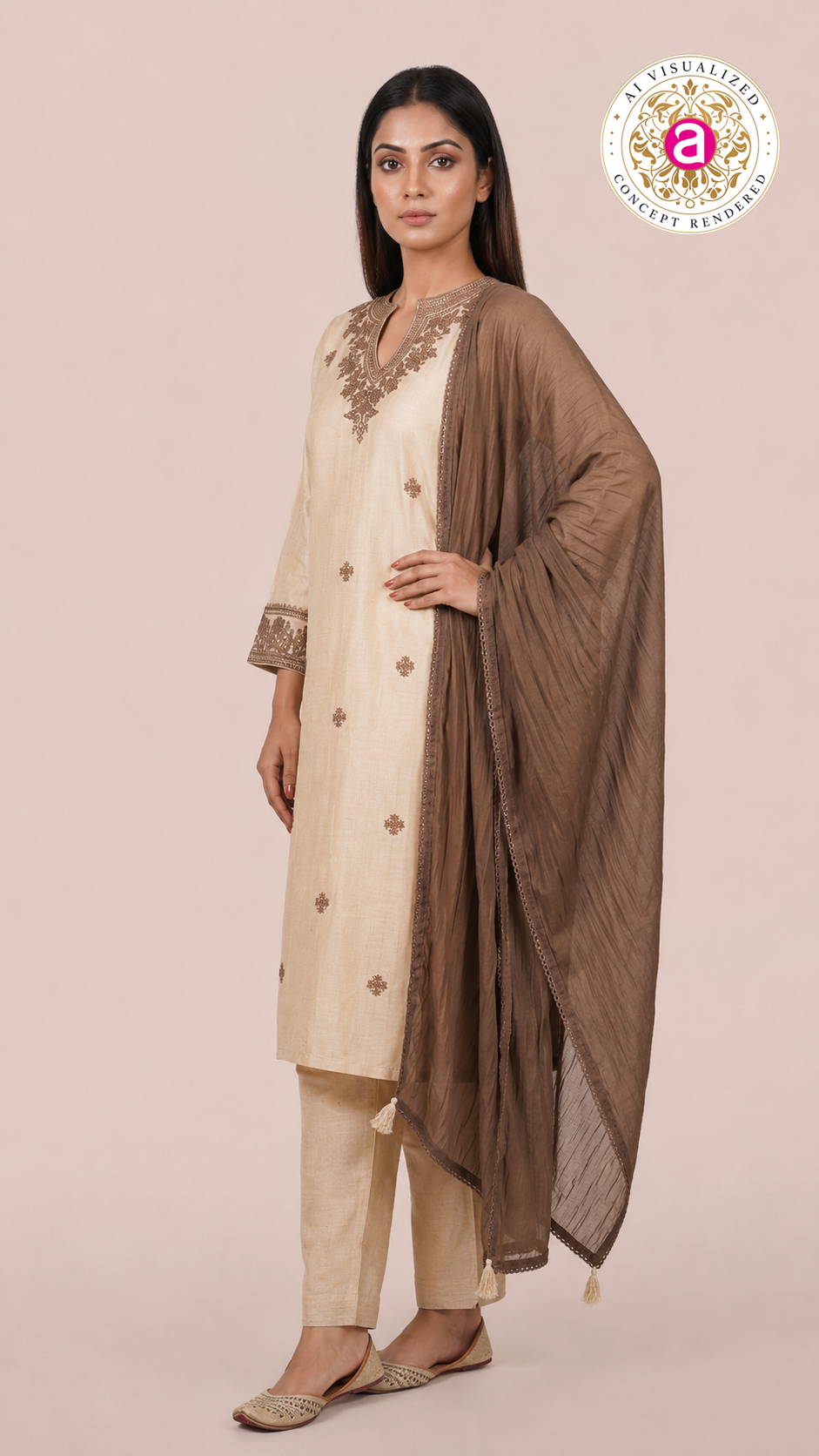 Ivory Embroidered Straight Kurta Set with Brown Dupatta