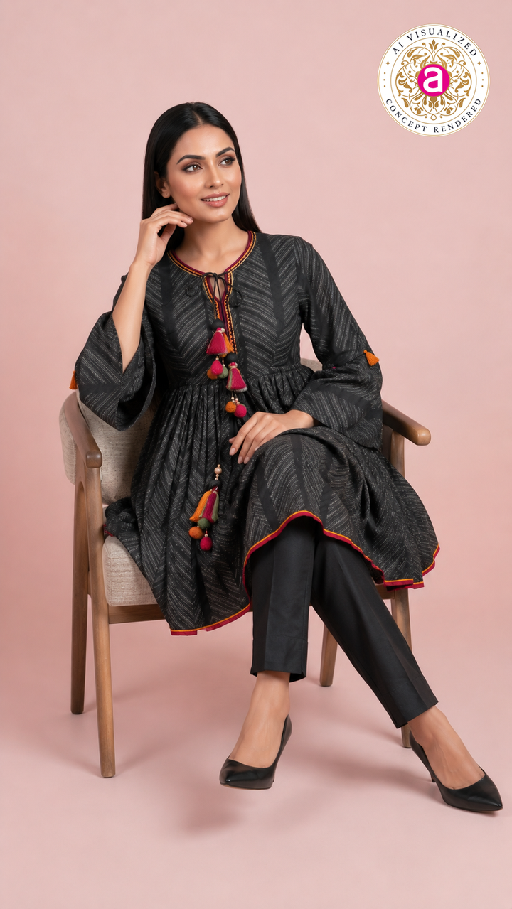 Charcoal Black Printed Peplum Kurti Set