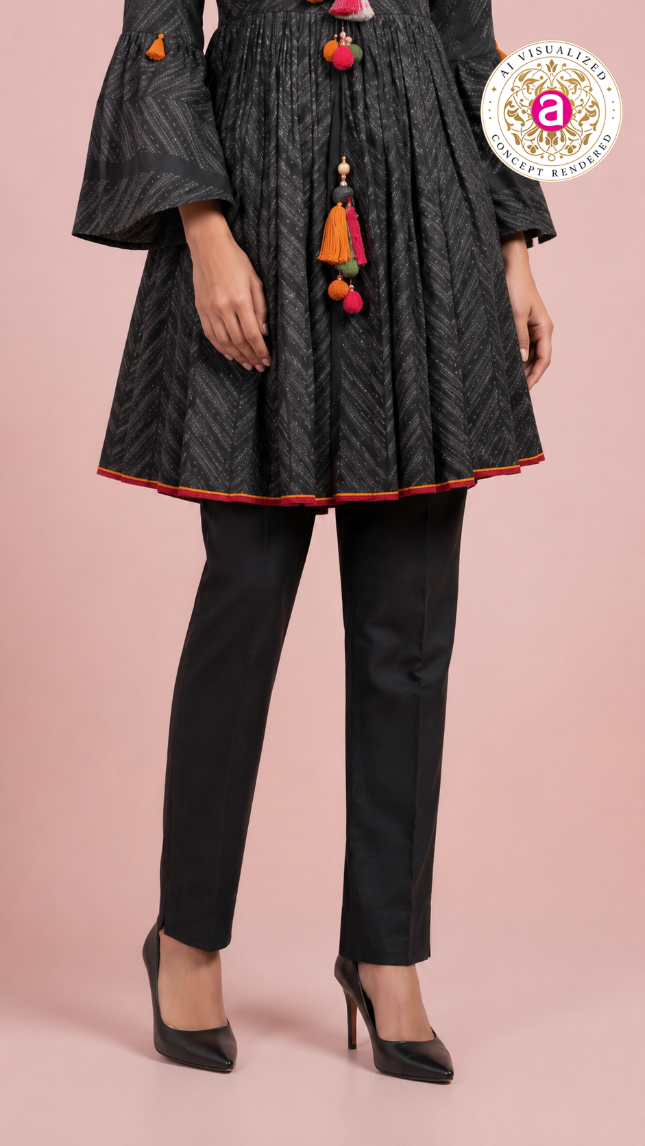 Charcoal Black Printed Peplum Kurti Set