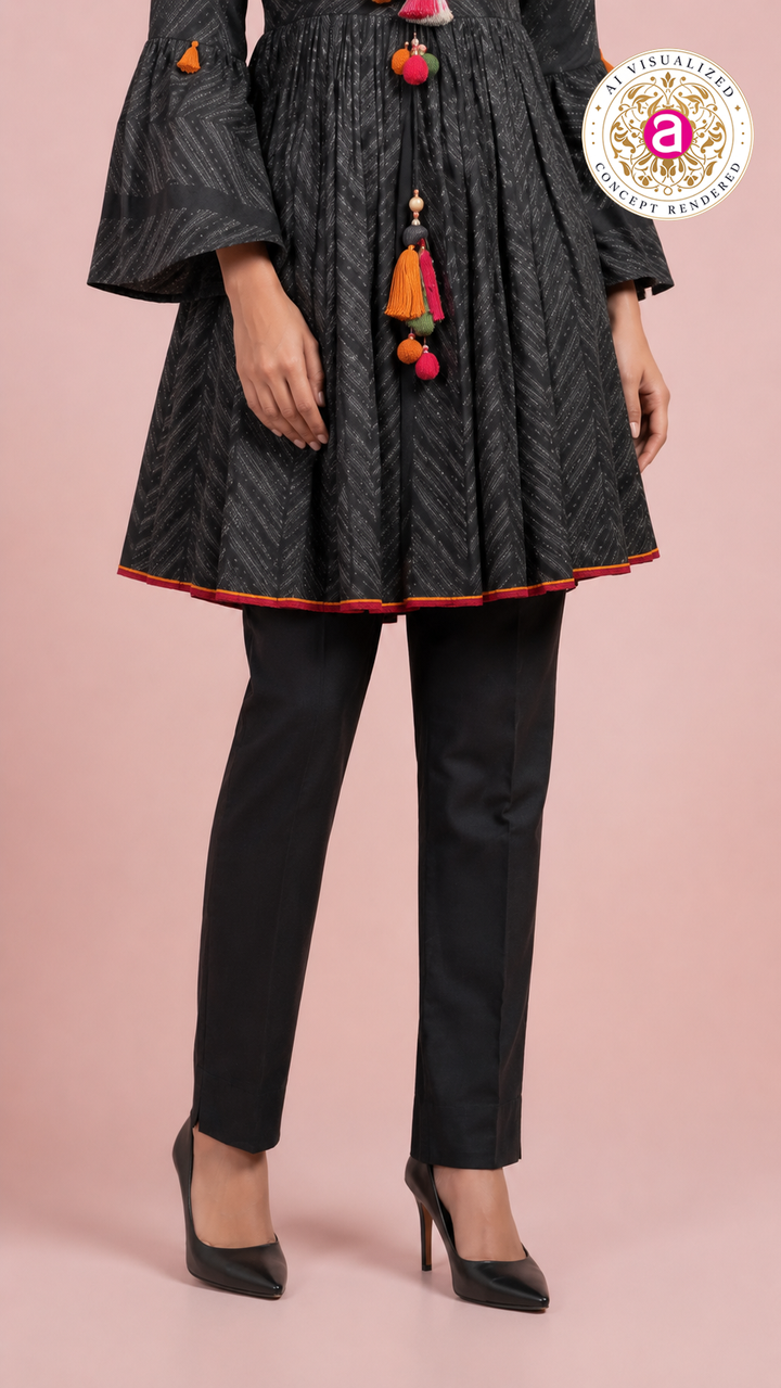 Charcoal Black Printed Peplum Kurti Set