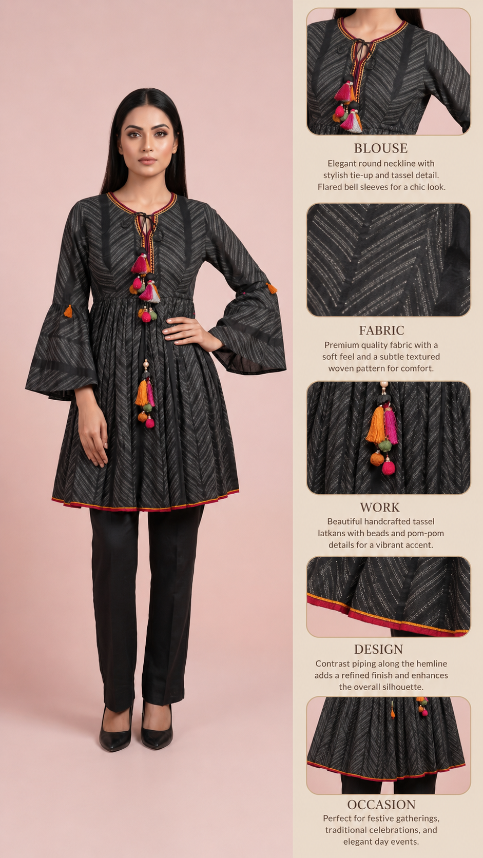 Charcoal Black Printed Peplum Kurti Set