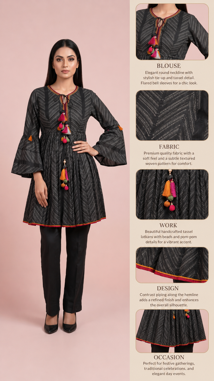 Charcoal Black Printed Peplum Kurti Set