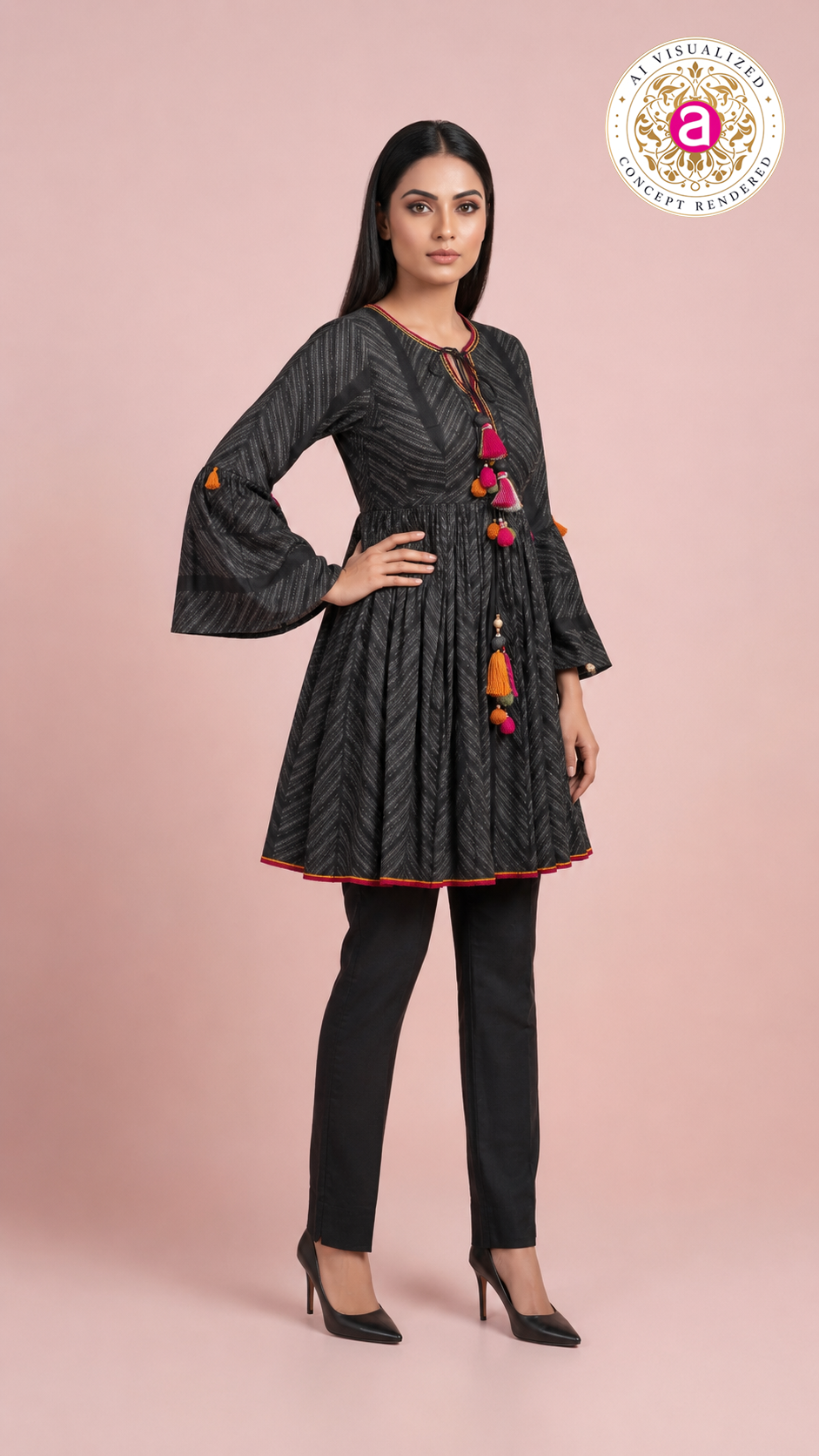Charcoal Black Printed Peplum Kurti Set