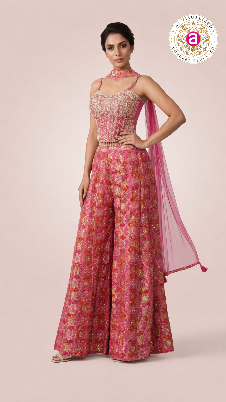 Rani Pink Printed Palazzo Set with Embroidered Corset Top