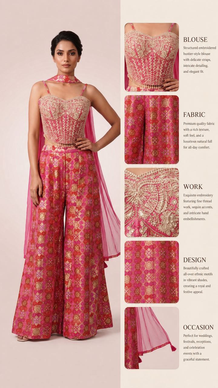 Rani Pink Printed Palazzo Set with Embroidered Corset Top