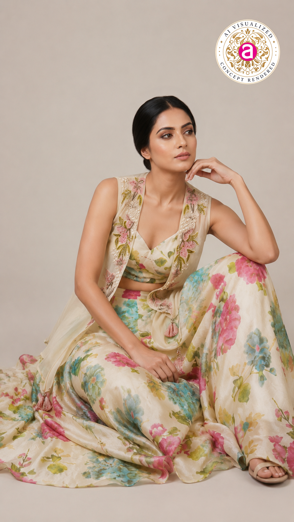 Ivory Floral Print Jacket Style Sharara Set with Crop Top