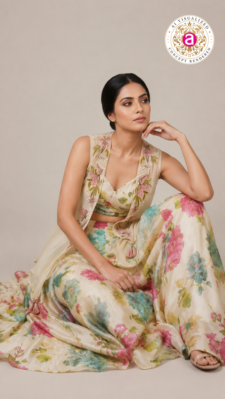 Ivory Floral Print Jacket Style Sharara Set with Crop Top
