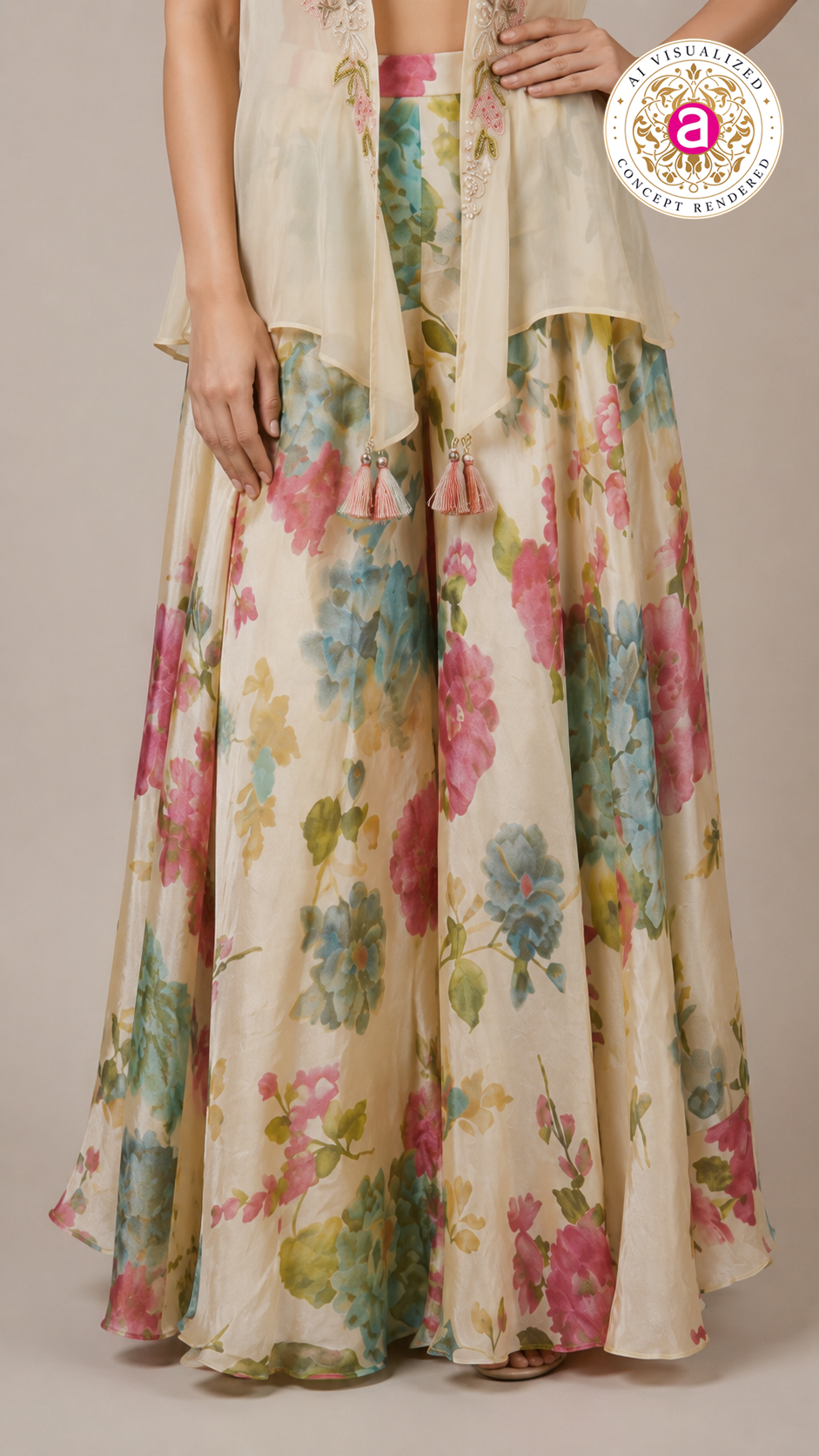 Ivory Floral Print Jacket Style Sharara Set with Crop Top