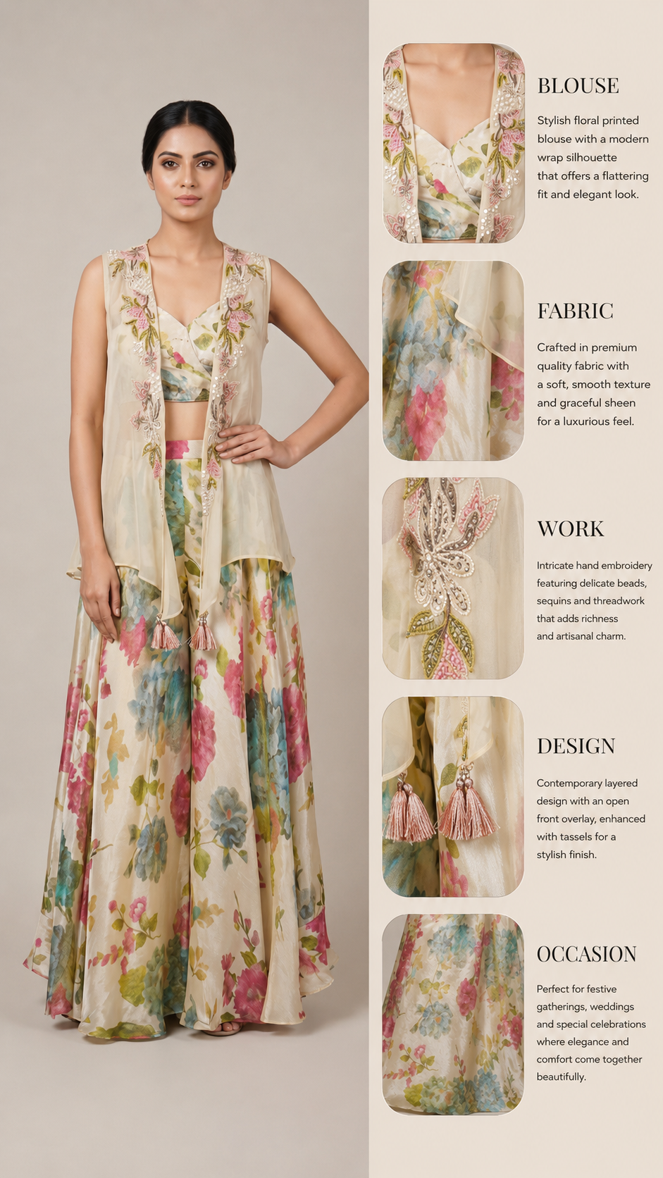 Ivory Floral Print Jacket Style Sharara Set with Crop Top