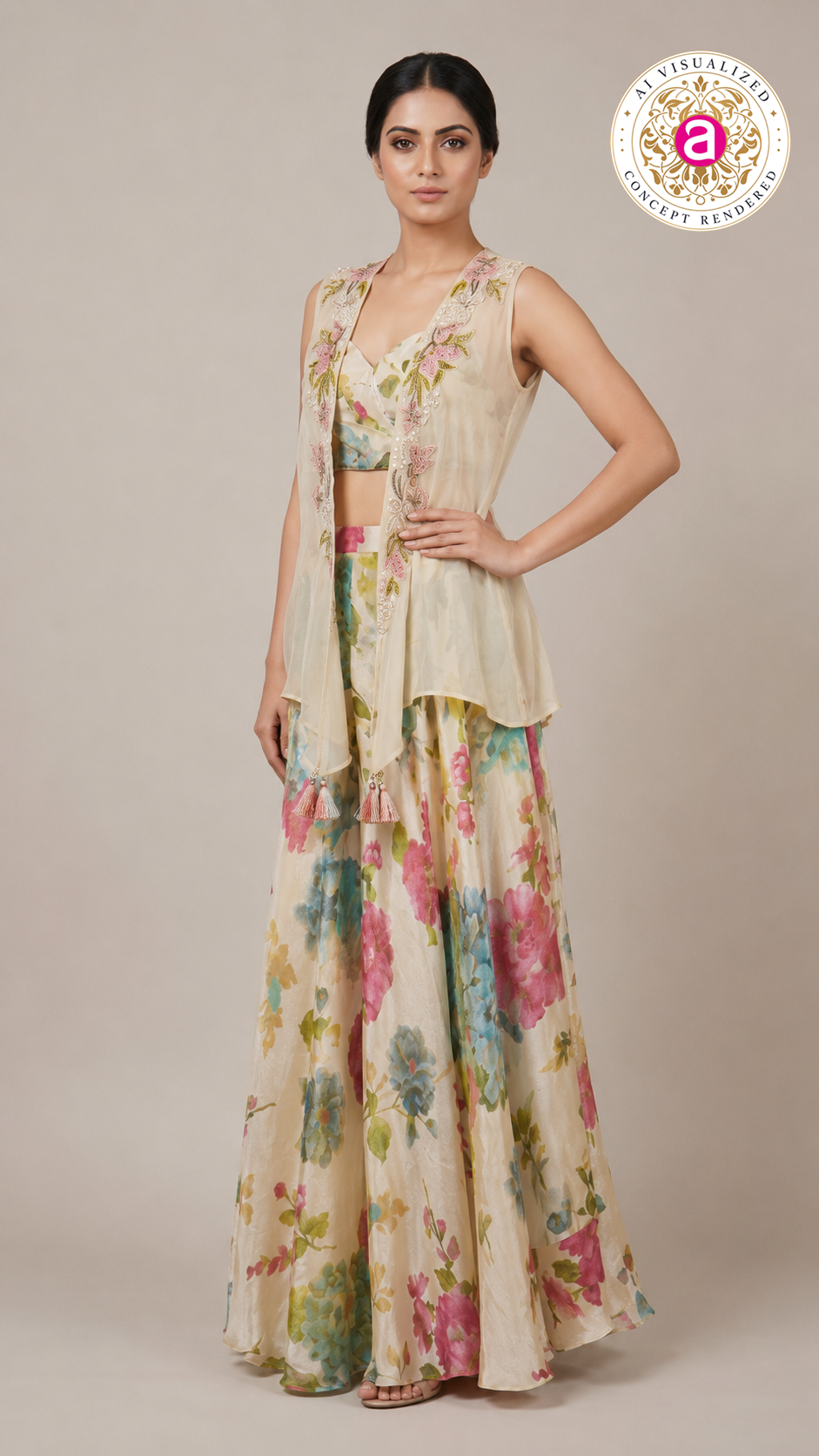Ivory Floral Print Jacket Style Sharara Set with Crop Top