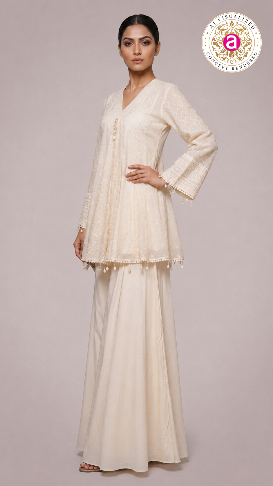 Ivory Embroidered Peplum Kurta Sharara Set