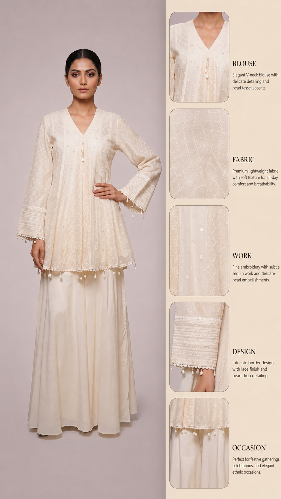 Ivory Embroidered Peplum Kurta Sharara Set