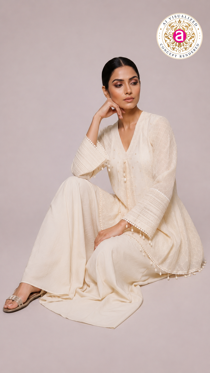 Ivory Embroidered Peplum Kurta Sharara Set