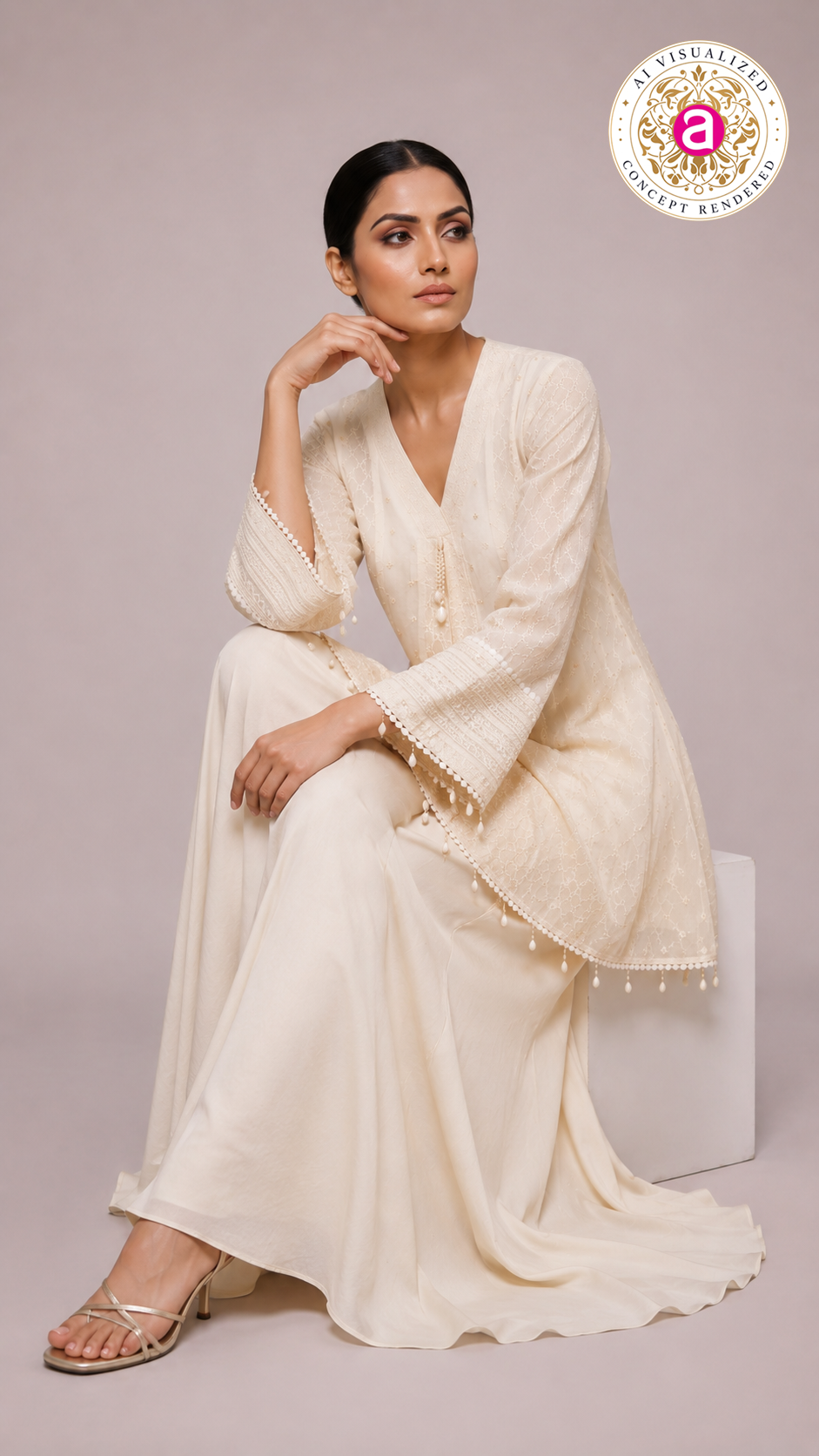 Ivory Embroidered Peplum Kurta Sharara Set