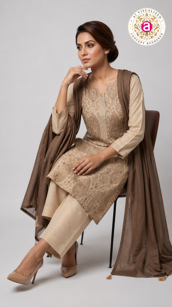Taupe Paisley Embroidered Straight Kurta Set with Dupatta
