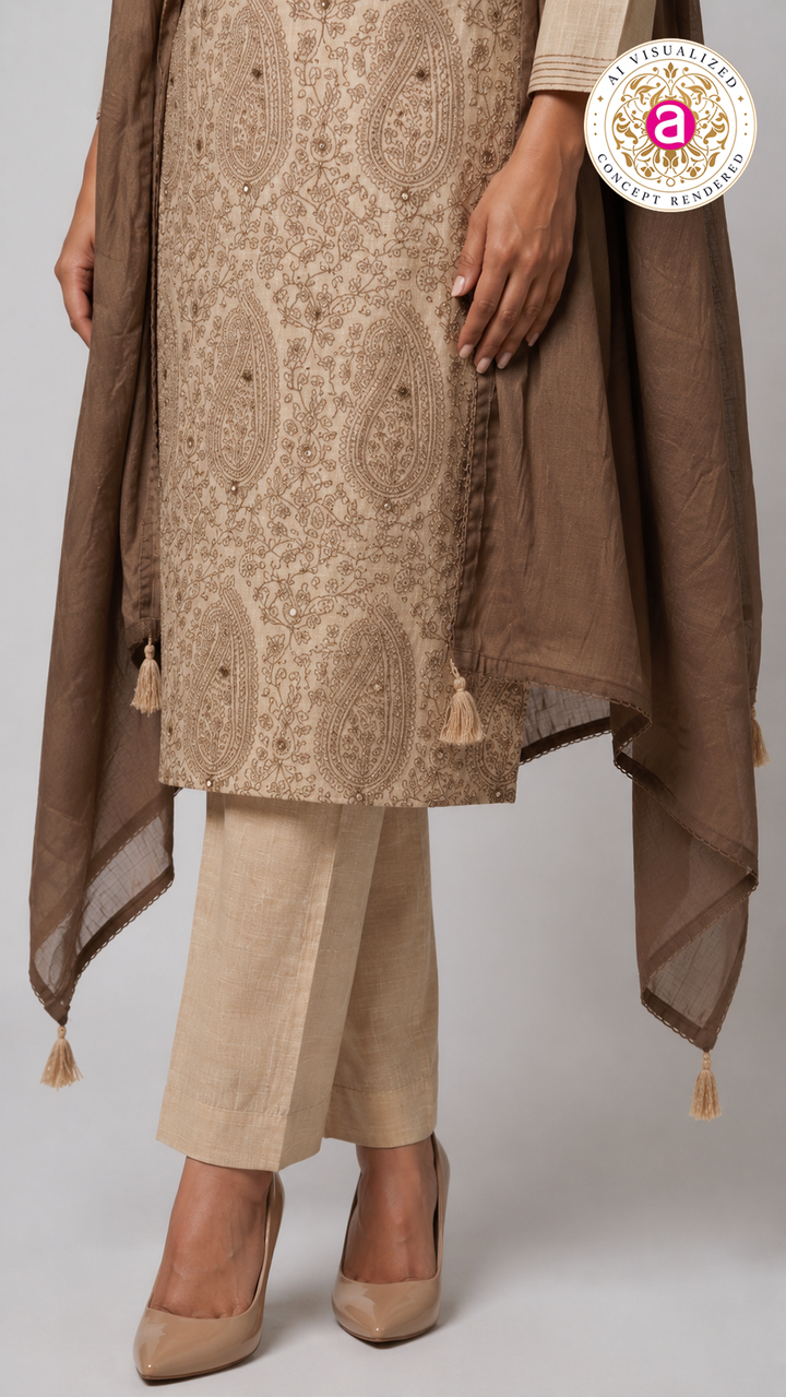Taupe Paisley Embroidered Straight Kurta Set with Dupatta