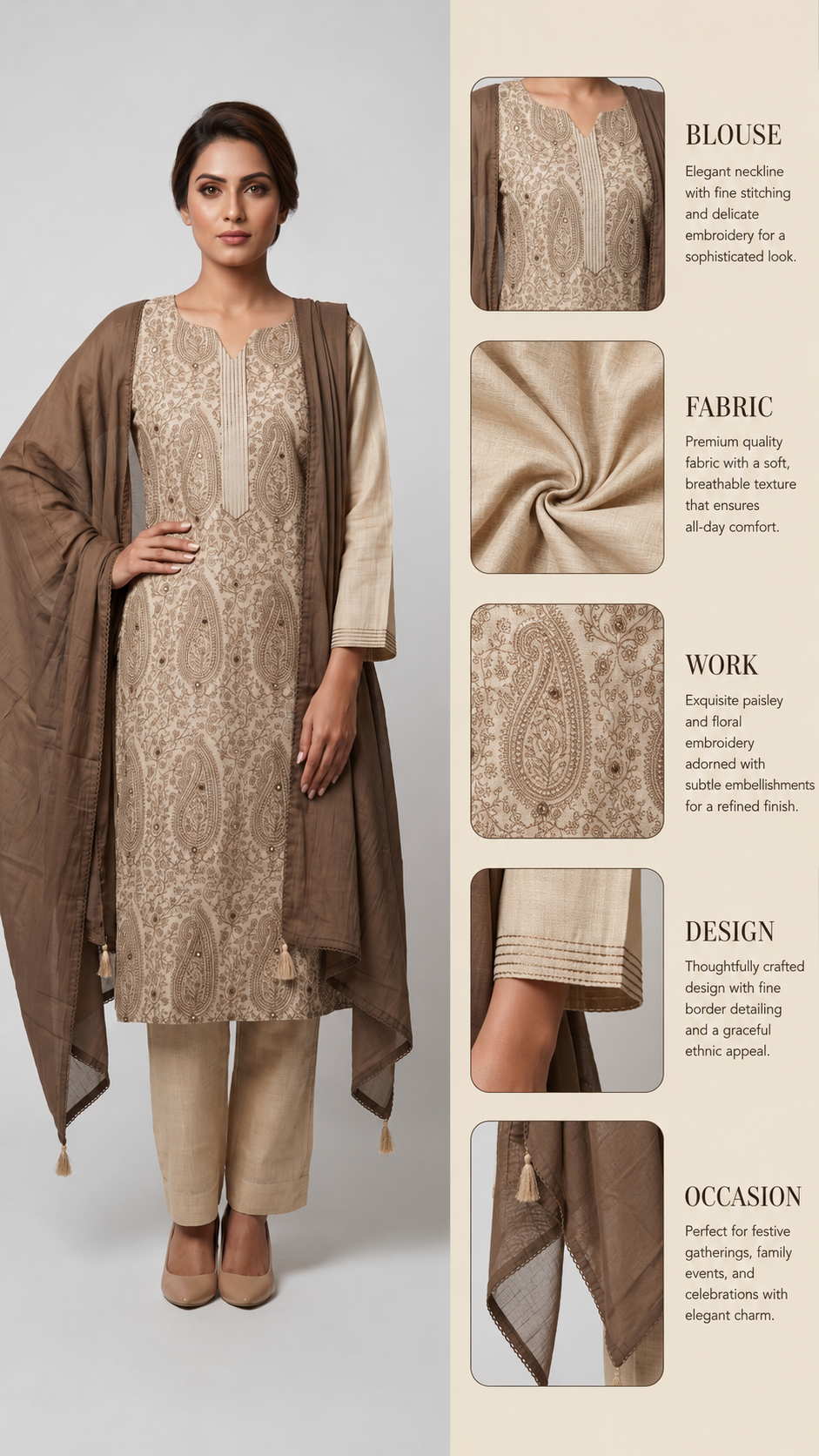 Taupe Paisley Embroidered Straight Kurta Set with Dupatta