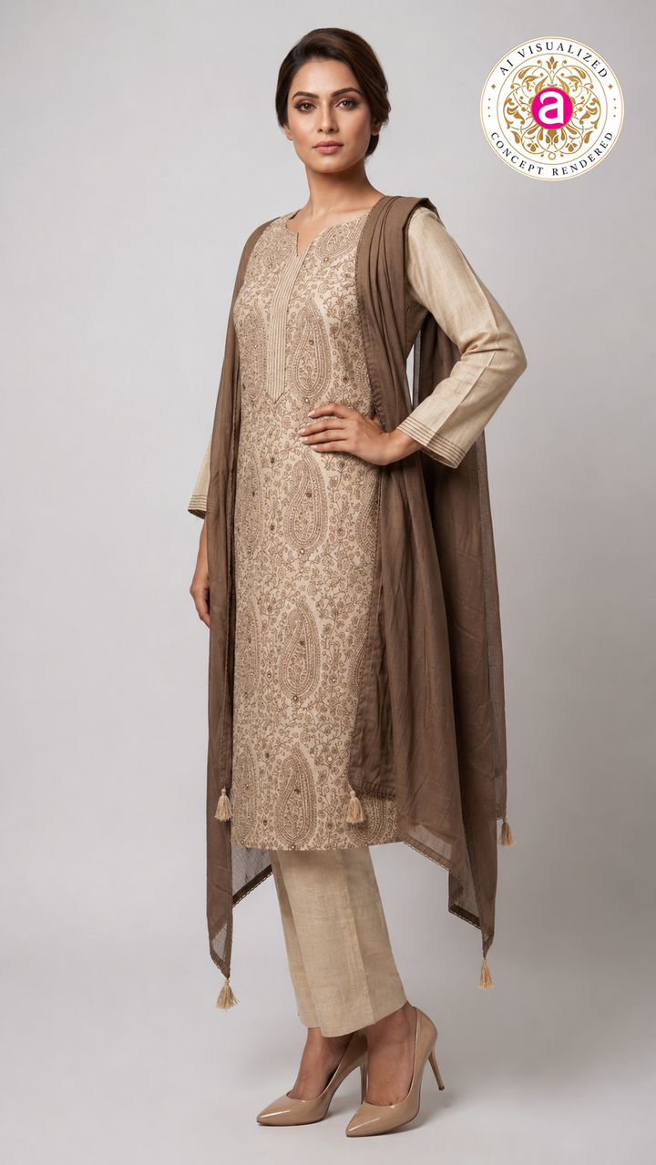 Taupe Paisley Embroidered Straight Kurta Set with Dupatta