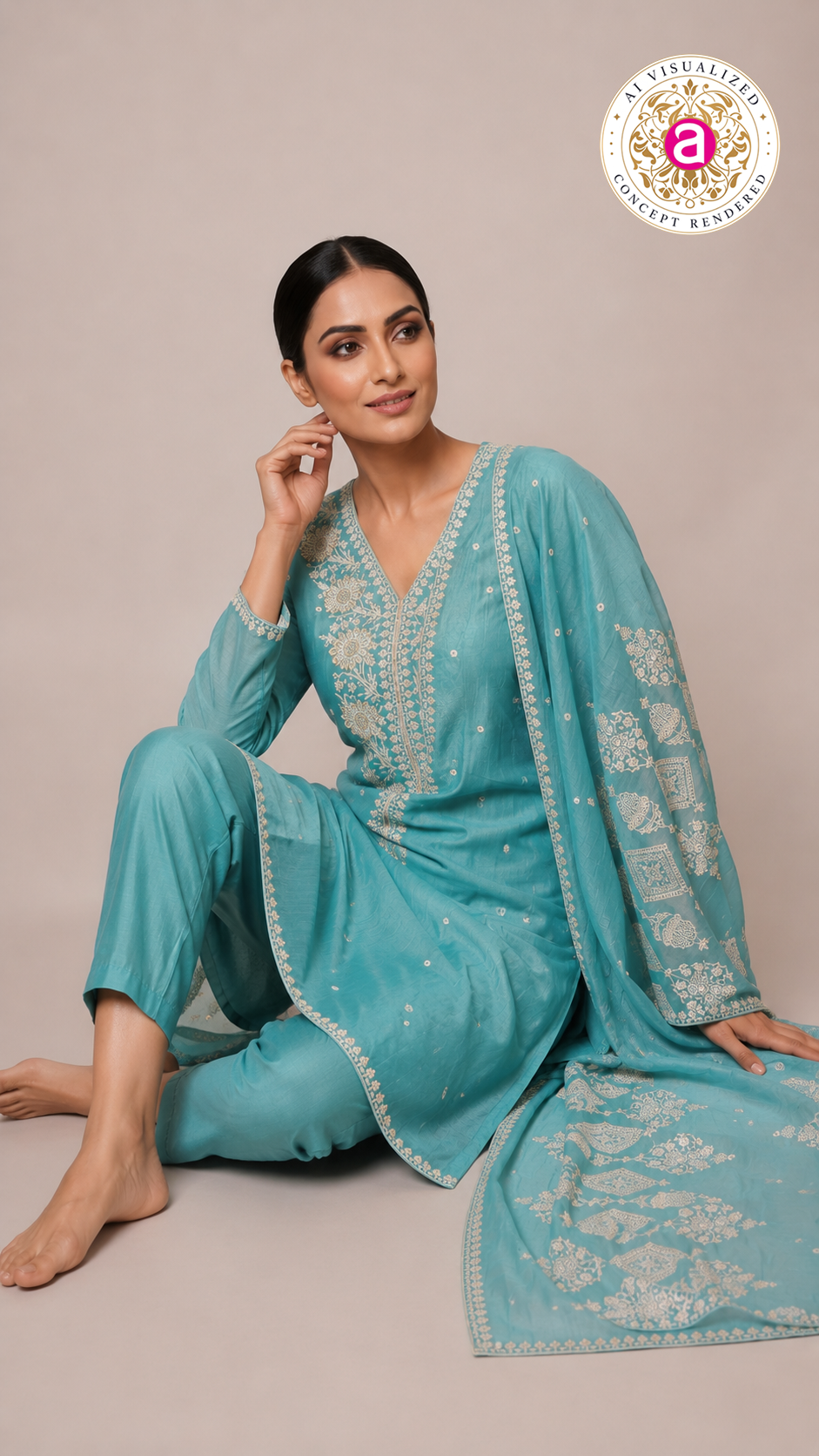 Sky Blue Embroidered Straight Kurta Set with Dupatta
