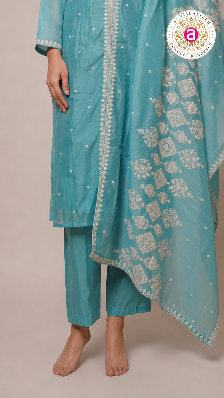 Sky Blue Embroidered Straight Kurta Set with Dupatta