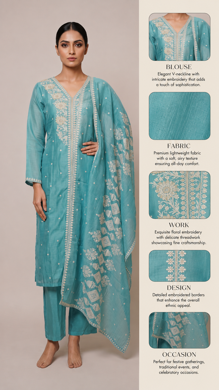 Sky Blue Embroidered Straight Kurta Set with Dupatta