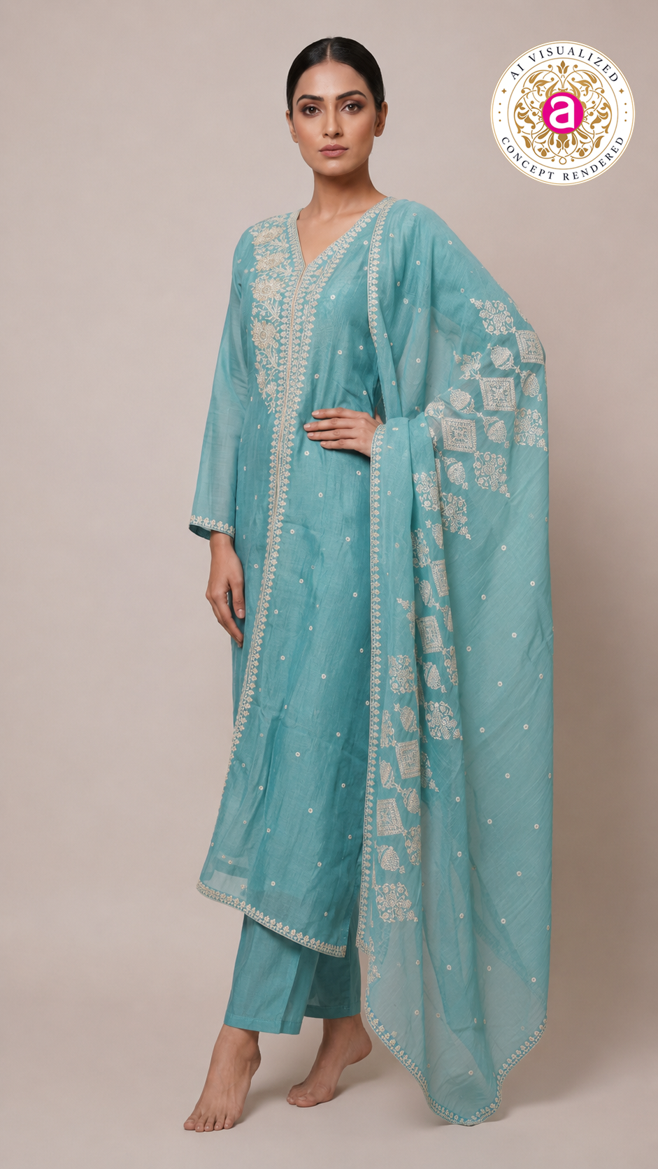 Sky Blue Embroidered Straight Kurta Set with Dupatta