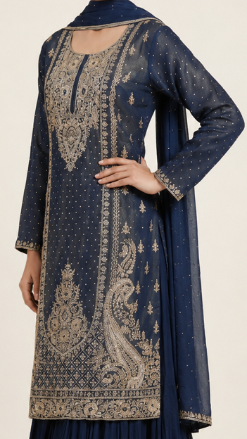 Navy Blue Heavy Embroidered Designer Kurta Sharara Set with Dupatta