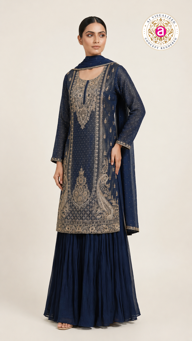 Navy Blue Heavy Embroidered Designer Kurta Sharara Set with Dupatta