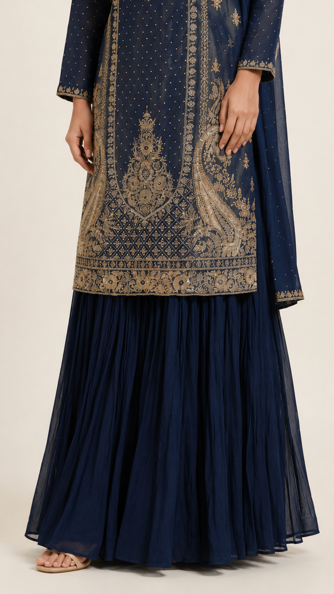 Navy Blue Heavy Embroidered Designer Kurta Sharara Set with Dupatta