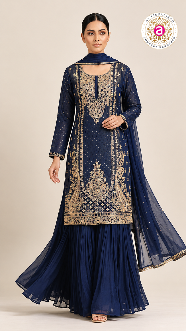 Navy Blue Heavy Embroidered Designer Kurta Sharara Set with Dupatta