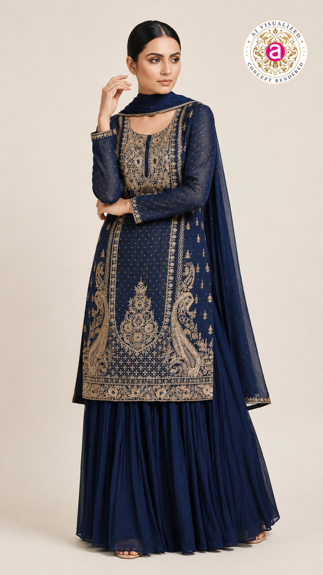 Navy Blue Heavy Embroidered Designer Kurta Sharara Set with Dupatta