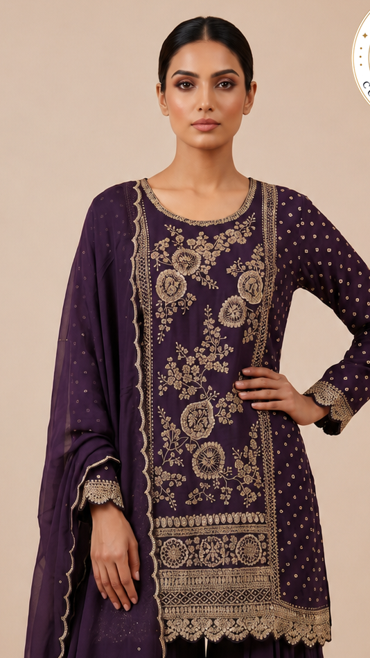 Royal Purple Embroidered Kurta Sharara Set with Dupatta