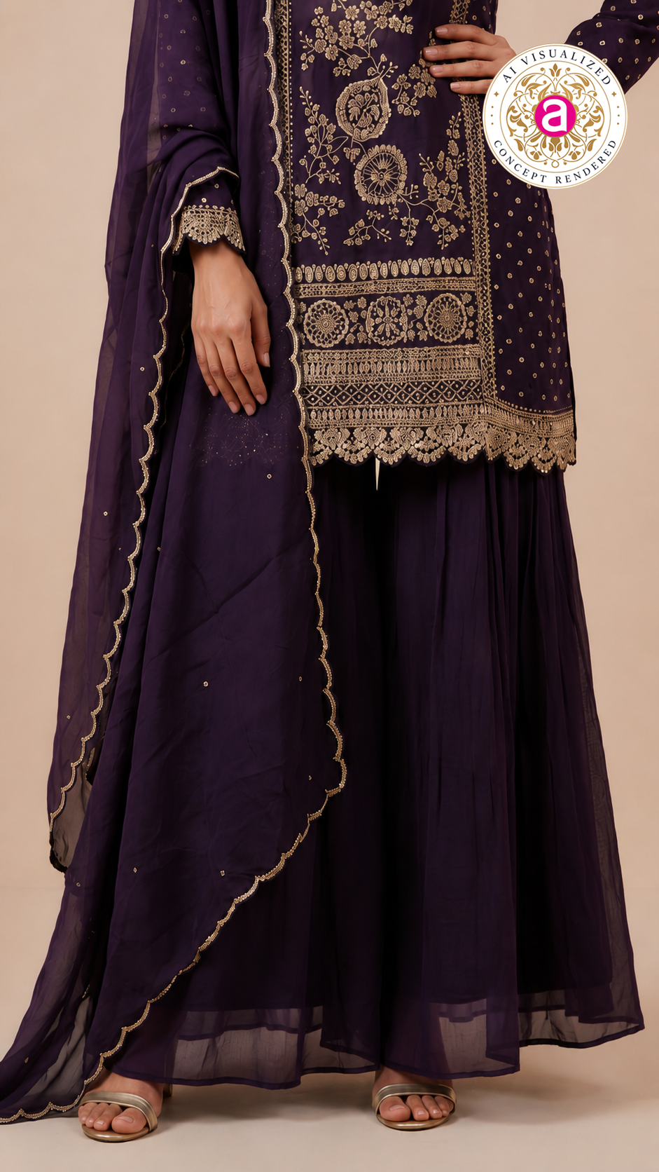Royal Purple Embroidered Kurta Sharara Set with Dupatta