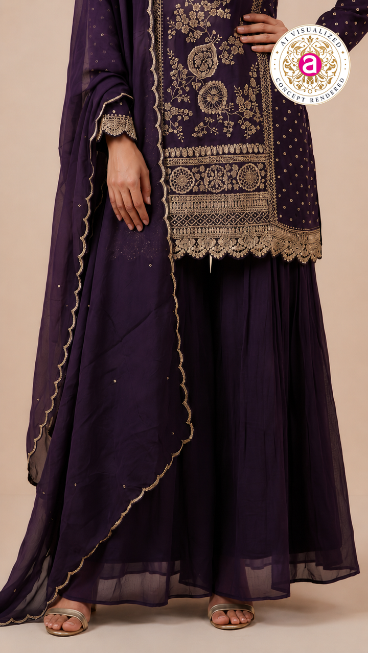 Royal Purple Embroidered Kurta Sharara Set with Dupatta