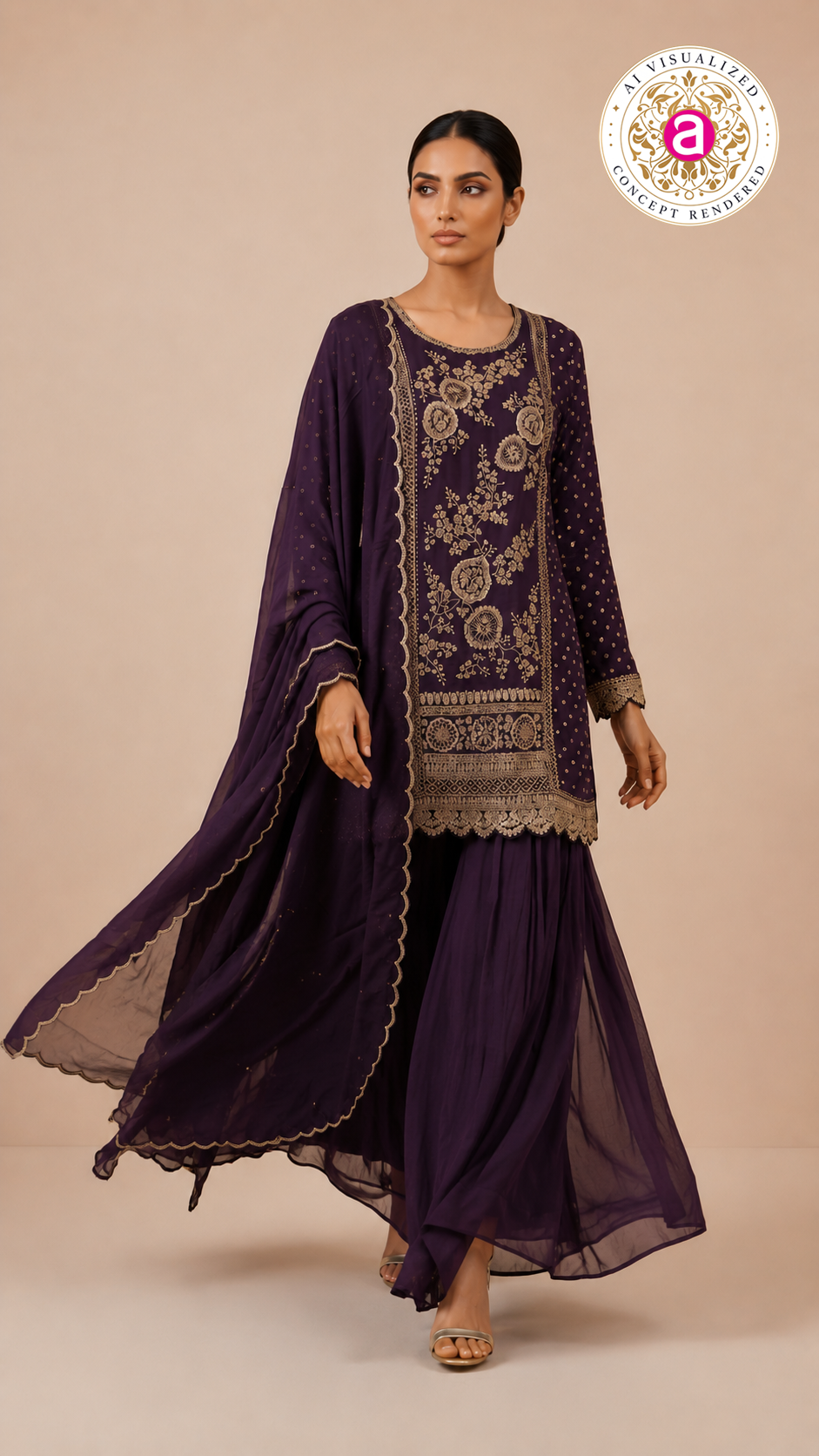 Royal Purple Embroidered Kurta Sharara Set with Dupatta
