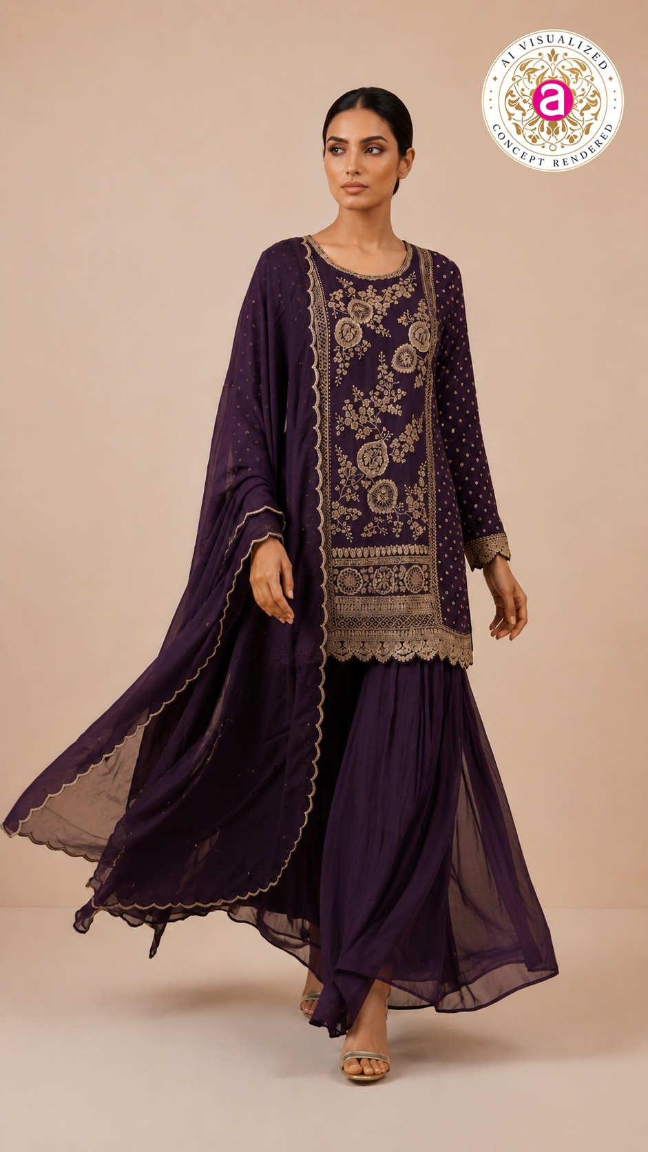 Royal Purple Embroidered Kurta Sharara Set with Dupatta