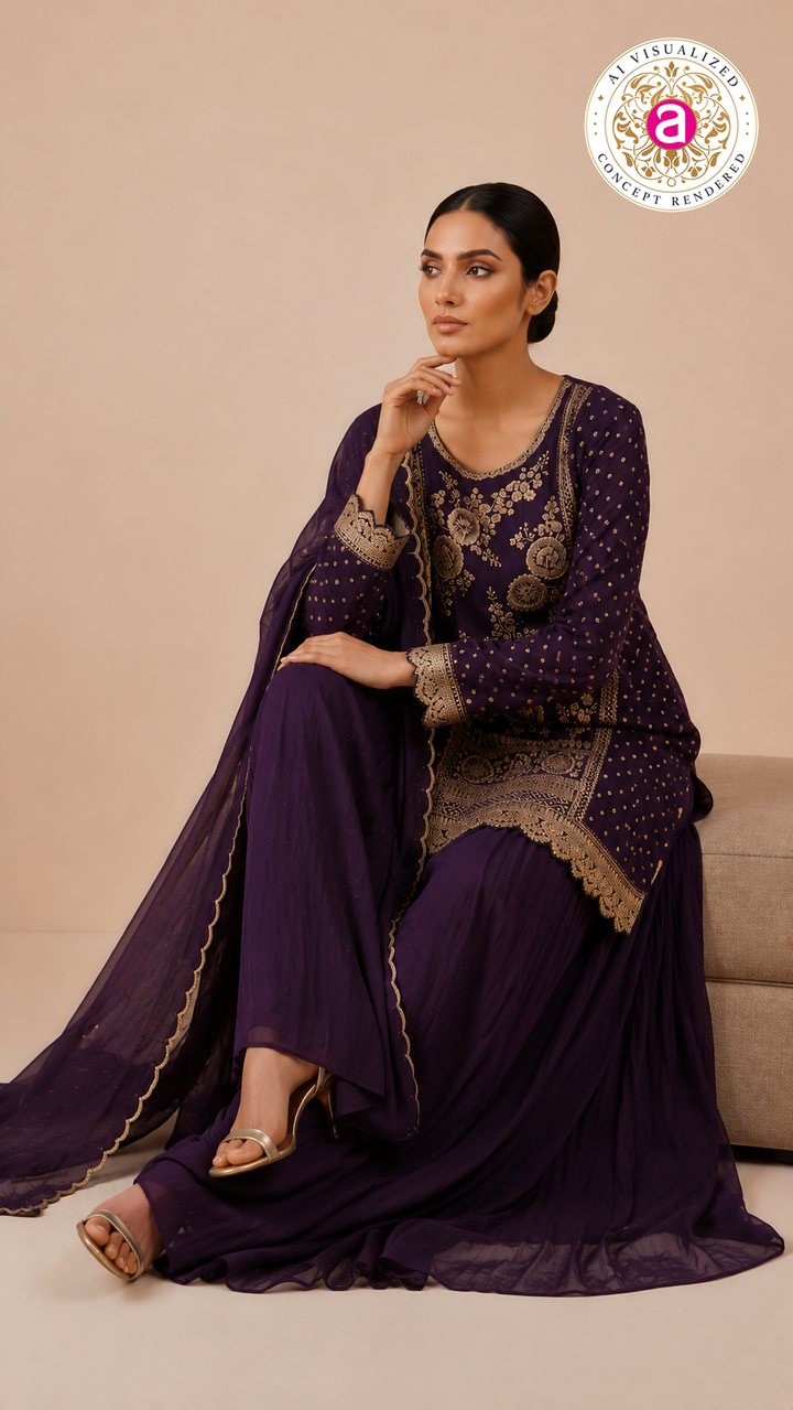Royal Purple Embroidered Kurta Sharara Set with Dupatta